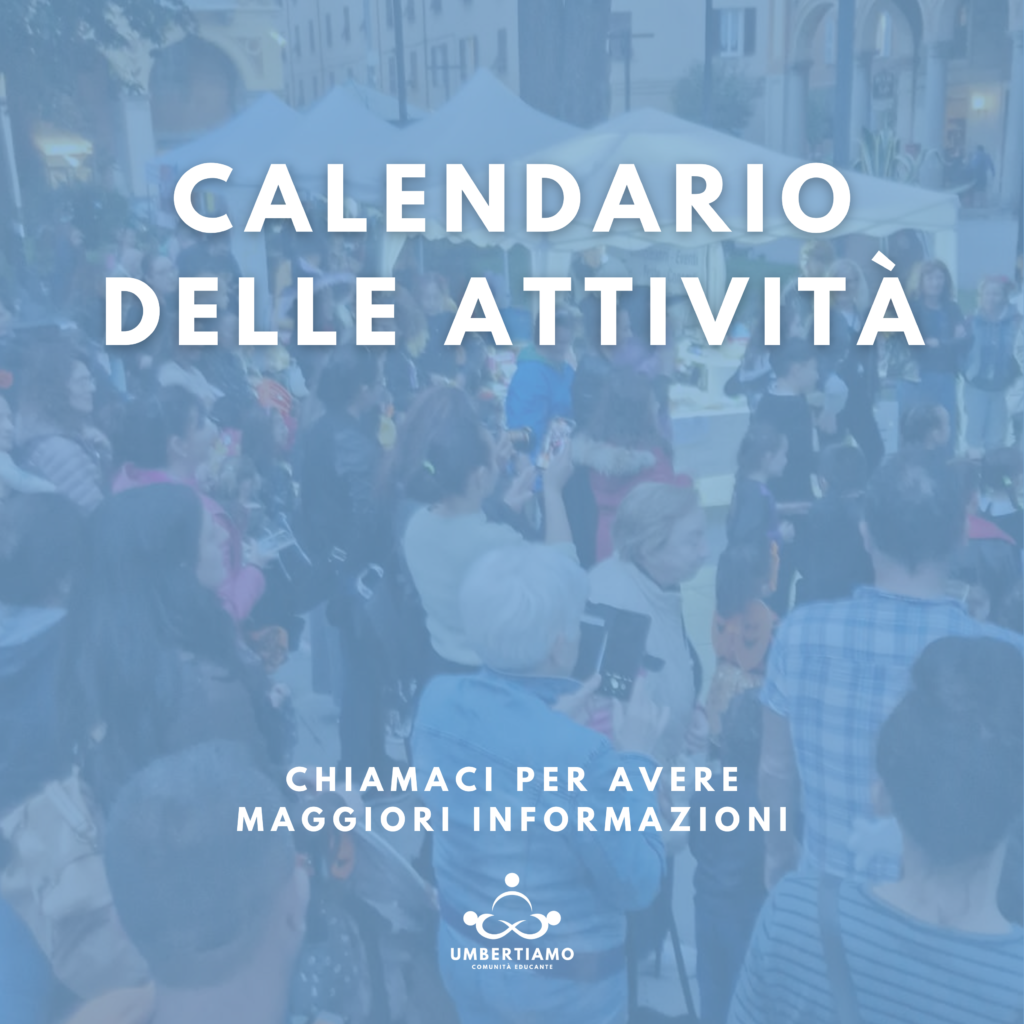 Immagine con scritto "Calendario delle attività". Chiamaci per avere maggiori informazioni. Immagine di sfondo: gruppo di persone di schiena mentre partecipano a una attività all'aperto durante l'inverno.